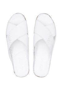 Weiße Leder-Slidesandalen mit gekreuzten Riemen, glatter Textur, gestickten Details und flacher Sohle. Mit dem Markennamen "Venezia" gekennzeichnet.