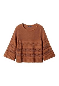 Pull tricoté couleur rouille avec un col rond et des manches cloche trois-quarts. Présente des motifs horizontaux en maille texturée et ajourée.