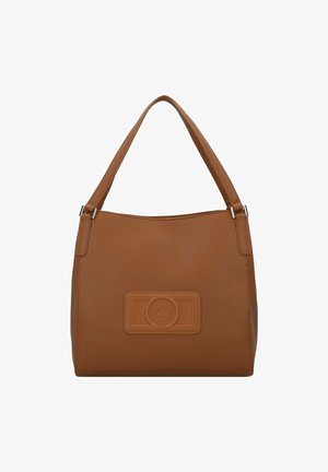 Borsa a mano in pelle marrone con finitura testurizzata, caratterizzata da una vistosa patch con logo sulla parte anteriore, forma strutturata e doppi manici piatti.