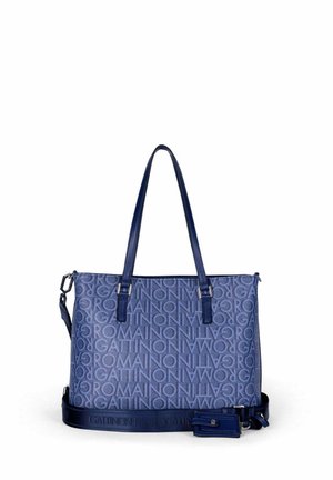 Borsa tote blu con motivo a ripetizione "GATTINONI ROMA", doppi manici a spalla e tracolla regolabile e removibile con fibbia.