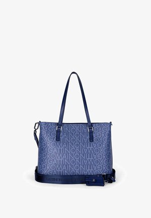 Borsa tote blu con motivo a ripetizione "GATTINONI ROMA", doppi manici a spalla e tracolla regolabile e removibile con fibbia.