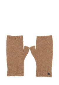 Gants sans doigts tricotés en brun clair, avec un poignet côtelé et un petit détail de logo. Le matériau semble doux avec une finition texturée.