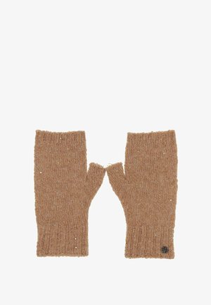 Knitted fingerless gloves in light brown, featuring a ribbed cuff and a small logo detail. Material appears soft with a textured finish.