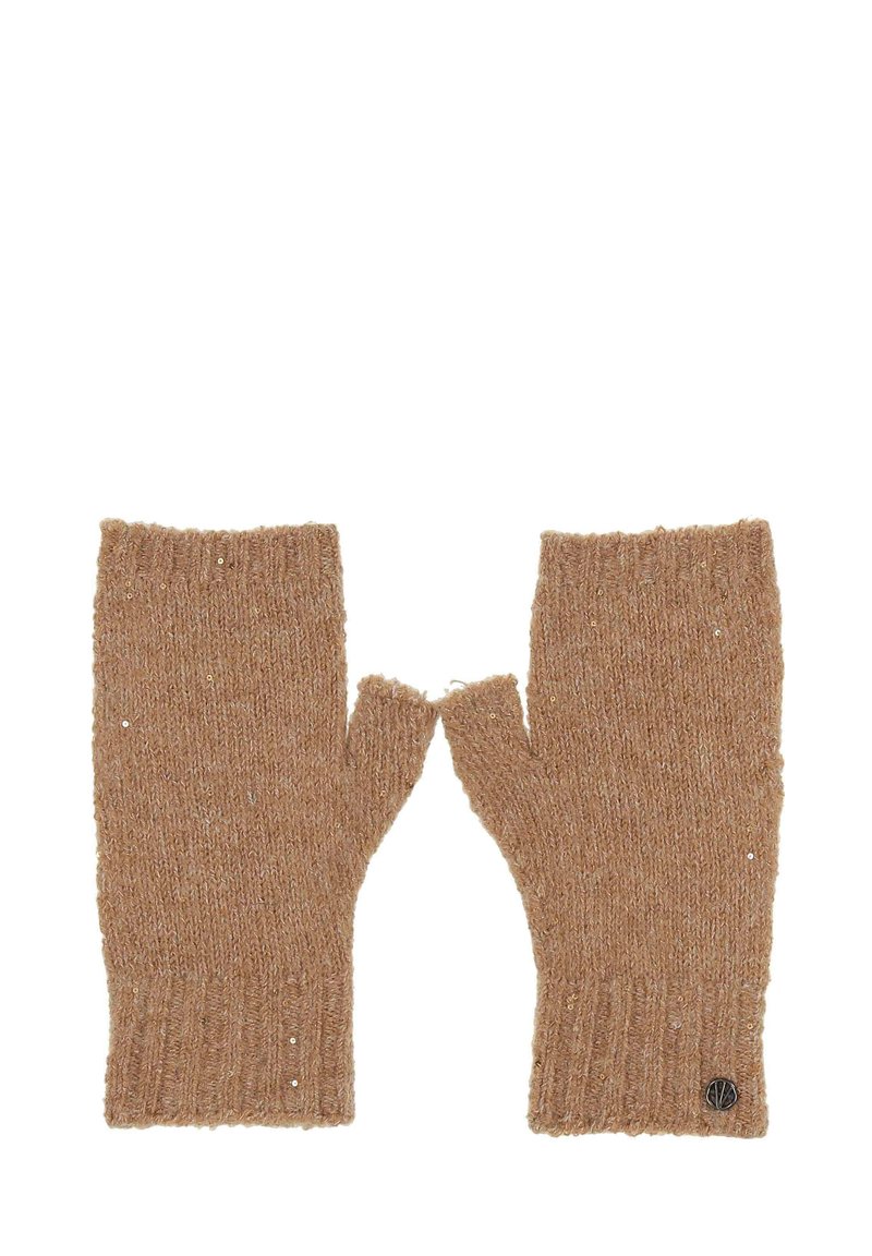 Gants sans doigts tricotés en brun clair, avec un poignet côtelé et un petit détail de logo. Le matériau semble doux avec une finition texturée.