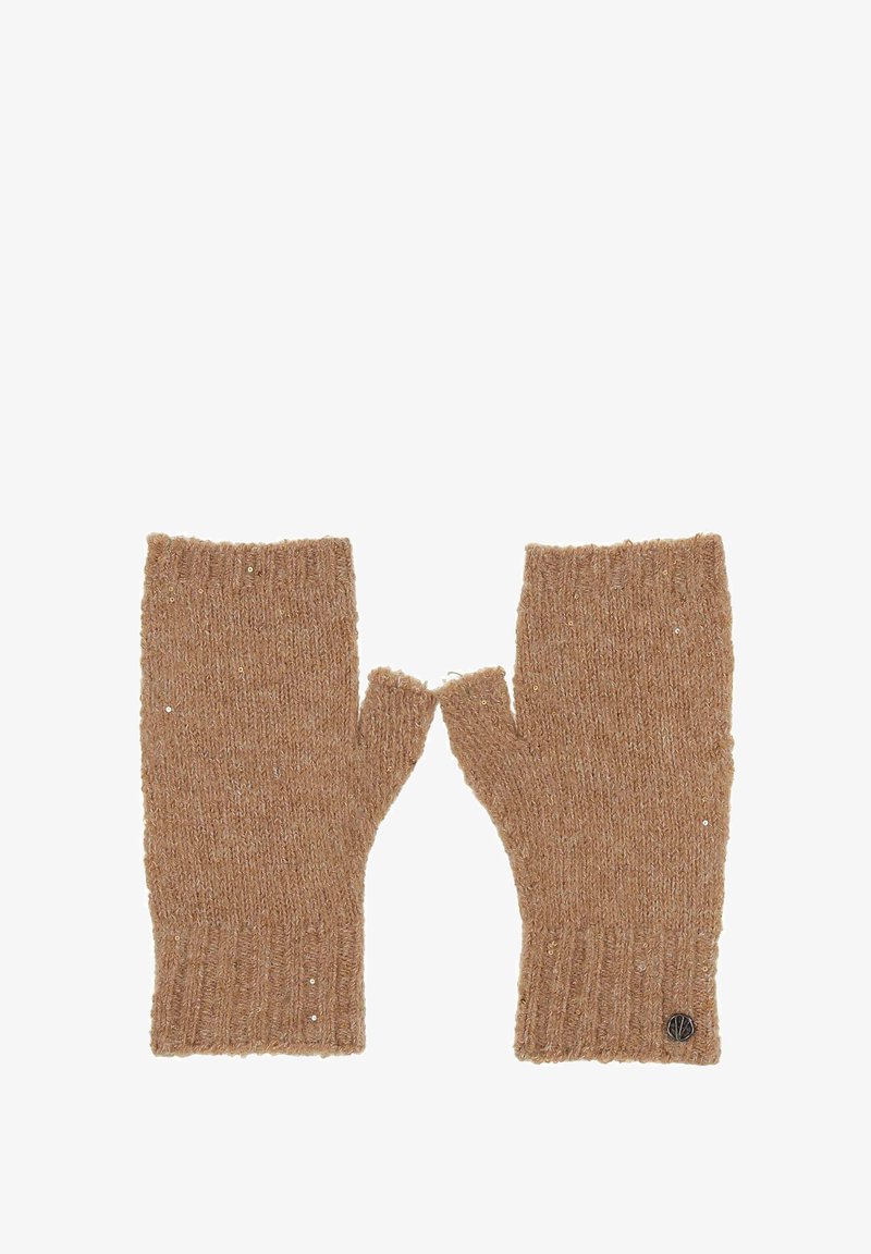 Mănuși tricotate fără degete, de culoare maro deschis, având o margine ribbed și un mic detaliu cu logo. Materialul pare moale și cu o finisare texturată.