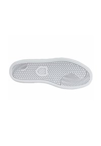 Semelle de sneaker blanche avec caoutchouc texturé, présentant un motif de semelle en chevrons et un détail de logo central. Bords lisses et design de bout arrondi.