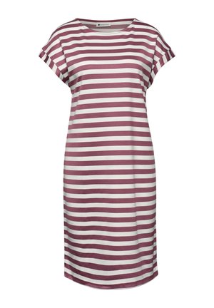 Casual jurk met korte mouwen met horizontale mauve en witte strepen, ronde hals en losse pasvorm die net onder de knieën eindigt.