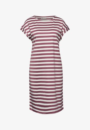 Casual jurk met korte mouwen met horizontale mauve en witte strepen, ronde hals en losse pasvorm die net onder de knieën eindigt.