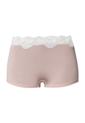 Roze boxershorts met een witte kanten tailleband, met een gladde textuur en een kleine sleutelgat uitsnijding aan de voorkant.