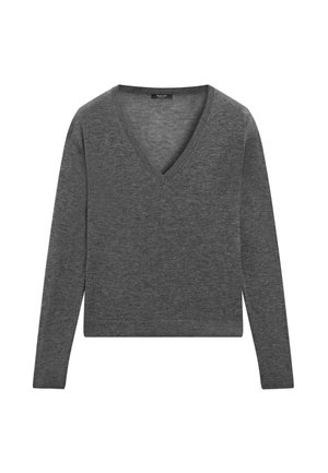 Gray long-sleeve sweater with a V-neck design, made of soft fabric, featuring a straight cut and ribbed cuffs at wrist.