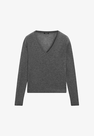 Gray long-sleeve sweater with a V-neck design, made of soft fabric, featuring a straight cut and ribbed cuffs at wrist.