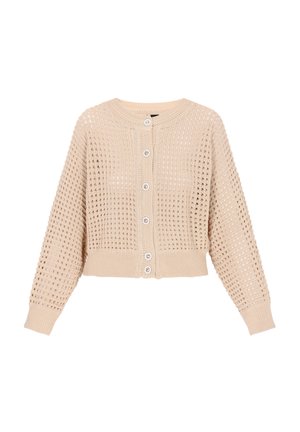 Bež pleteni kardigan s otvorenim mrežastim uzorkom, okruglim izrezom i četiri gumba sprijeda. Ima rebraste manžete i rub. Skraćeni stil.