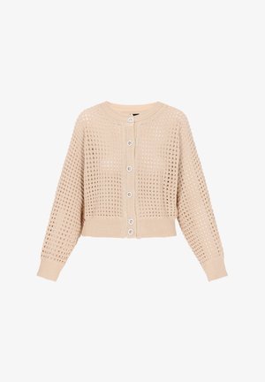 Beige kötött kardigán nyitott hálós mintával, kerek nyakkivágással és négy elülső gombbal. Bordás mandzsettákkal és szegéllyel rendelkezik. Rövidített fazon.