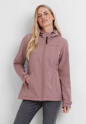 Light pink softshell jacket with a hood, front zipper, two side pockets, and adjustable drawstring. Smooth texture and fitted design.