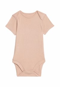 Kojenecké body s krátkým rukávem z měkké béžové látky, kulatým výstřihem, s patentkami na spodní části a hladkým texturem.