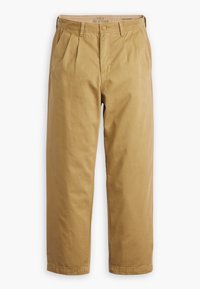 Pantalon chino kaki à plis larges, avec passants pour ceinture, bouton sur le devant et poches latérales, longueur raccourcie et coupe droite.