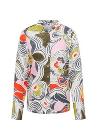 Camicia a maniche lunghe con bottoni, caratterizzata da vivaci motivi floreali in rosso, rosa, verde e blu navy su sfondo bianco, con collo a punta.