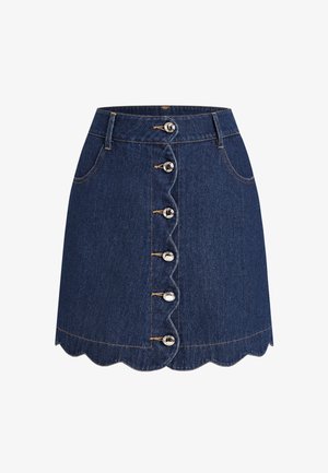 Dunkelblaumer Jeans-Minirock mit gewelltem Saum, vorderen Metallknöpfen, zwei Vordertaschen und Gürtelschlaufen.