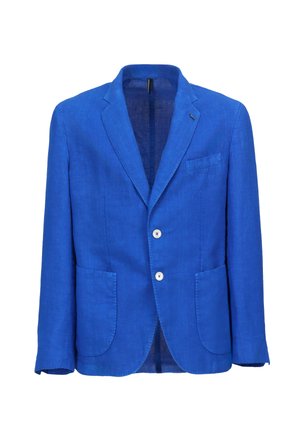 Veste blazer pour homme bleu vif avec deux poches frontales, deux boutons blancs et un col à revers cranté.