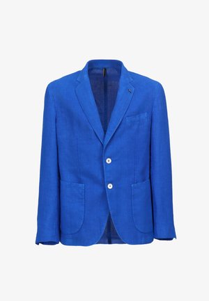 Helderblauw herenblazer met twee voorzakken, twee witte knopen en een reverskraag met inkeping.