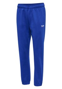 Konglig blå joggingbyxor med resårmidja, sidfickor och en diskret logodetalj i rött. Tillverkade av mjukt, bomullsmaterial.