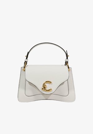 Sac à main en cuir blanc avec fermoir doré et poignée courte noire, forme rectangulaire structurée avec bords inférieurs arrondis.