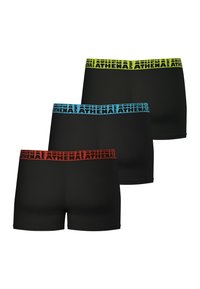 Shorty noir avec ceintures contrastantes jaune, bleue et rouge, arborant le texte "ATHENA SPORT" en police audacieuse.