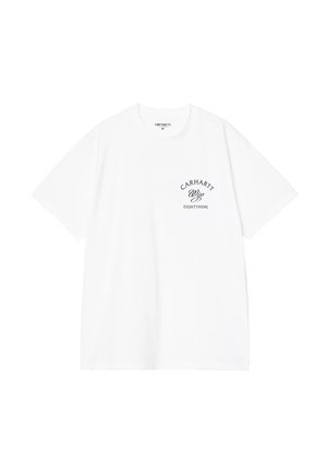 Biała krótka koszulka Carhartt z nadrukiem "Carhartt Wip Eightynine" w czarnym kolorze na lewej kieszeni na piersi, rozmiar średni.