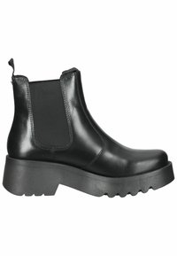 Stivaletto in pelle nera con pannelli laterali elasticizzati, punta rotonda e suola spessa in gomma con un motivo a battistrada ondulato per una migliore aderenza.