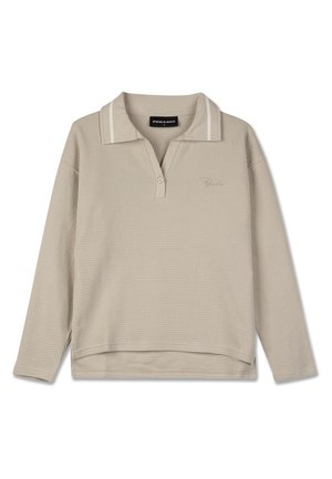 Polo s dugim rukavima u svijetloj bež boji, od waffle teksture, s dvodomnim kopčanjem, kontrastnim prugastim ovratnikom i izvezenim logotipom na prsima.