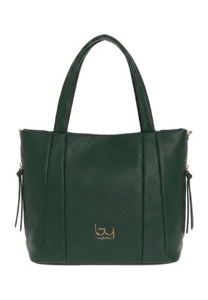 Borsa tote in pelle verde scuro con due manici, dettagli con zip laterali e piccolo logo dorato del marchio al centro davanti.