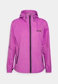 Ljusstark lila huvtröja med svart framdragkedja, sidofickor, elastiska ärmslut och liten ellesse-logotyp på bröstet och ärmen.