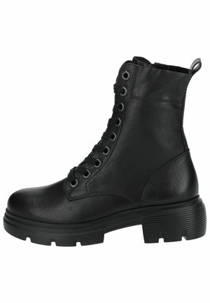 Black leather ankle boots with a textured finish, featuring a lace-up front, round toe, and thick, ribbed sole for added traction.