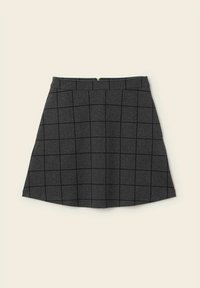 Mörkgrå A-linjeformad kjol med svart rutmönster och dragkedja baktill, utlagd på en ljus bakgrund.