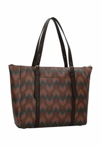 Sac fourre-tout marron avec un motif en zigzag dans des couleurs orange, vert et rose. Dispose de deux poignées marron et d'une fermeture éclair en haut.