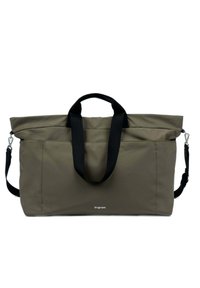 Sac olive en tissu doux et durable avec une bandoulière noire, grande ouverture et un design minimaliste, affichant le logo à l'avant.