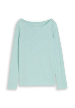 Light blue long-sleeve shirt with a wide round neckline, laid flat against a white background.