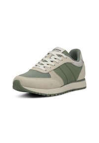Lightweight running shoe in beige and green. Suede and mesh materials with white laces. Features a textured upper and contrasting stripe design.