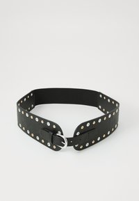 Black belt with a wide faux leather band, featuring silver and rose gold metal studs, a silver buckle, and an elastic back for adjustability.