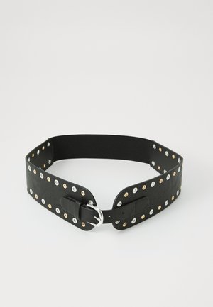 Black belt with a wide faux leather band, featuring silver and rose gold metal studs, a silver buckle, and an elastic back for adjustability.