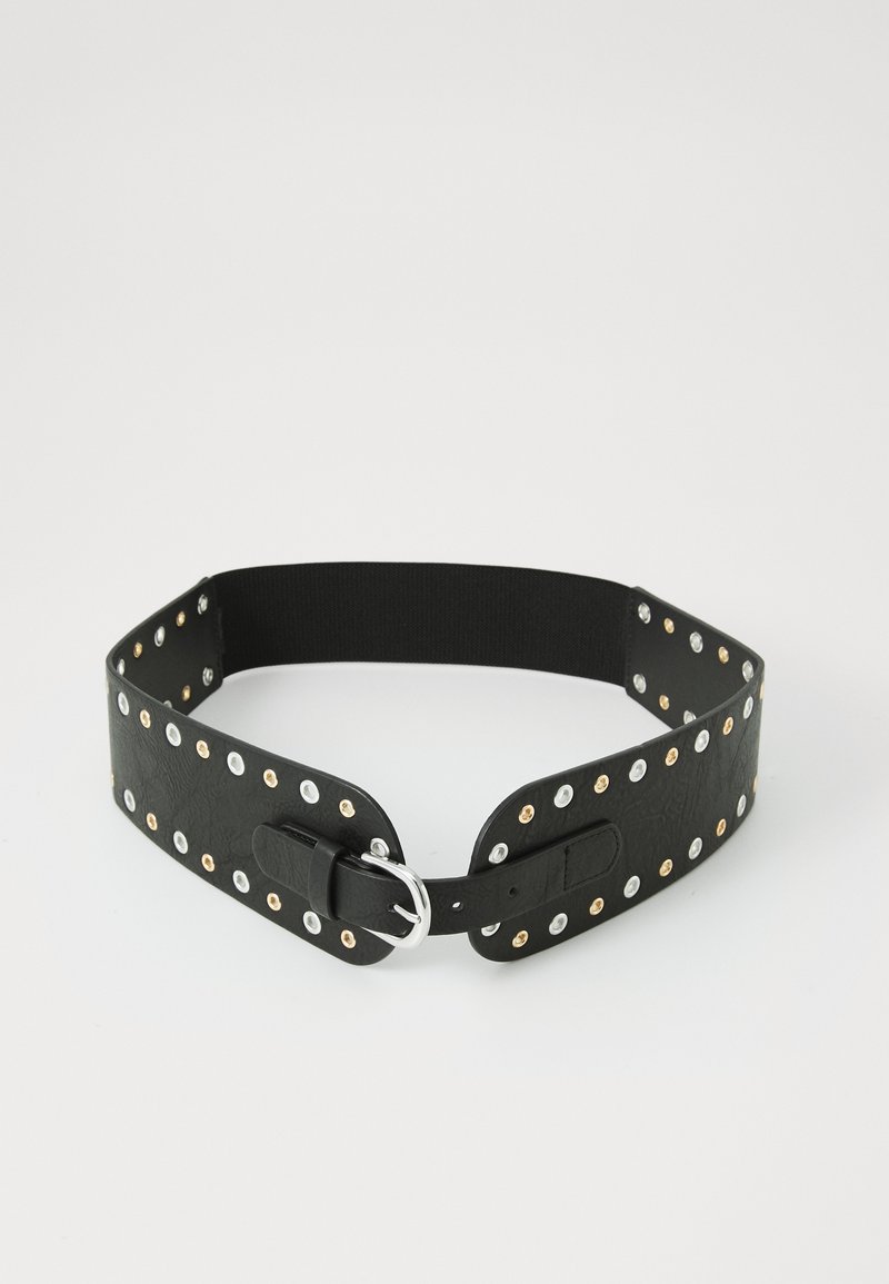 Black belt with a wide faux leather band, featuring silver and rose gold metal studs, a silver buckle, and an elastic back for adjustability.