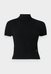 Svart kortermet ribbestrikket topp med høy hals, med en tettsittende silhuett og en subtil logoaccent ved midjen.