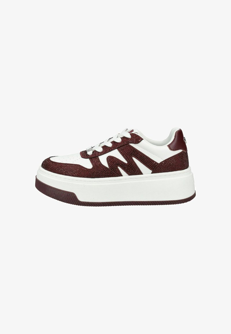 White platform sneaker with burgundy textured overlays, white laces, and a thick white sole with a burgundy bottom edge.