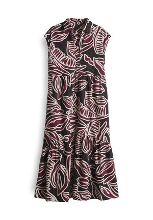 Jurk van een donkere stof met grote witte en bordeauxrode blaadjespatronen, mouwloos ontwerp, kraaghals en tiered zoom.