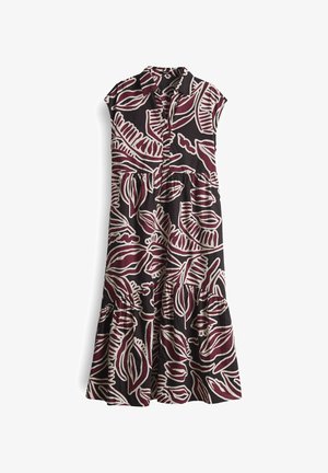 Jurk van een donkere stof met grote witte en bordeauxrode blaadjespatronen, mouwloos ontwerp, kraaghals en tiered zoom.