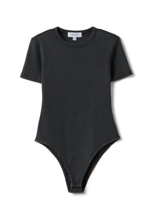 Schwarzer kurzärmeliger, gerippter Body mit rundem Ausschnitt und Druckknöpfen im Schritt.