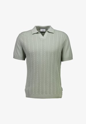 Maglione polo verde chiaro a maniche corte con motivo a trecce lavorato a maglia, scollo a V e polsini e orlo a coste.