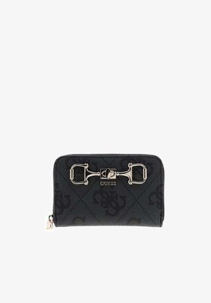 Portefeuille noir de la marque Guess avec motif de logo embossé, détail de boucle décorative argentée et fermeture éclair sur le côté inférieur gauche.