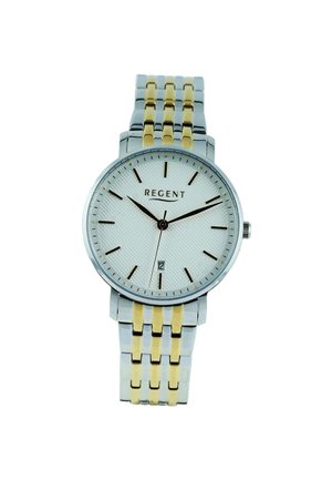 Horloge met zilverkleurige en goudkleurige metalen band, witte wijzerplaat, zwarte uurmarkeringen, datumweergave om 6 uur en de merknaam "REGENT" op de wijzerplaat.