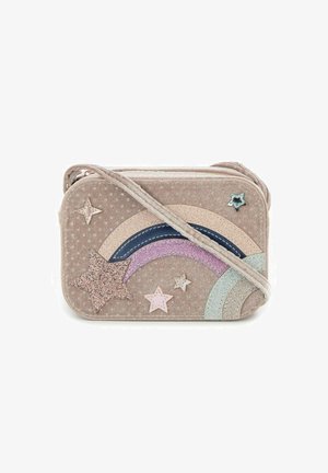 Borsa a tracolla per bambini in tessuto beige chiaro a pois, con applicazioni a forma di arcobaleno glitter multicolore e stelle. Chiusura a cerniera e tracolla.